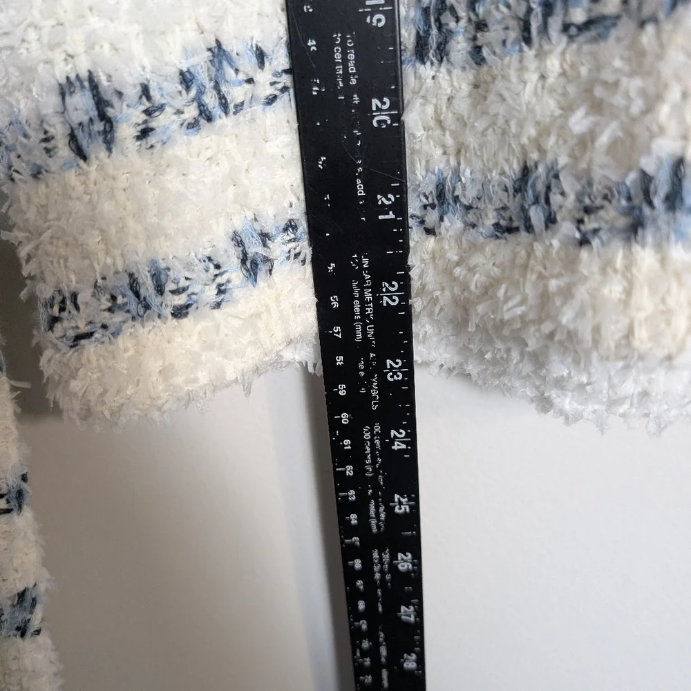 Ann Taylor Cardigan Set Tweed Stripe Gold Button Blue White Fuzzy Sweater Sz S